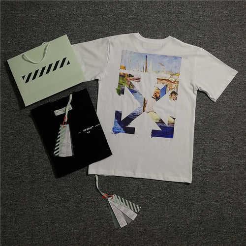 Ow 19ss Hand-Painted White Popular Brand off Forrest Gump Avatar High-definition Oil Painting Cotton T-shirt Crew Neck Short Sle