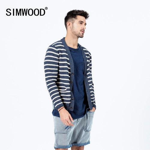SIMWOOD 2020 spring new 100% cotton striped cardigan men back denim patchwork kint jackets plus size Indigo kintwear SI980519