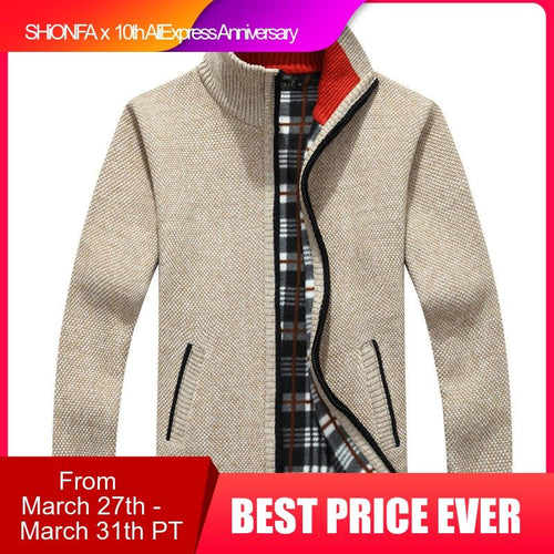 Winter Thick Men's Knitted Sweater Coat Off White Long Sleeve Cardigan Fleece Full Zip Male Causal Plus Size Clothing for Autumn