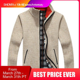Winter Thick Men's Knitted Sweater Coat Off White Long Sleeve Cardigan Fleece Full Zip Male Causal Plus Size Clothing for Autumn