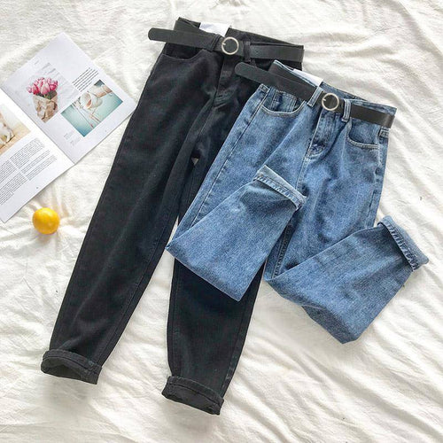 BF Korean High Jeans Women Solid Belt Harem Pants Loose Casual New High Street Denim Trousers  Femme