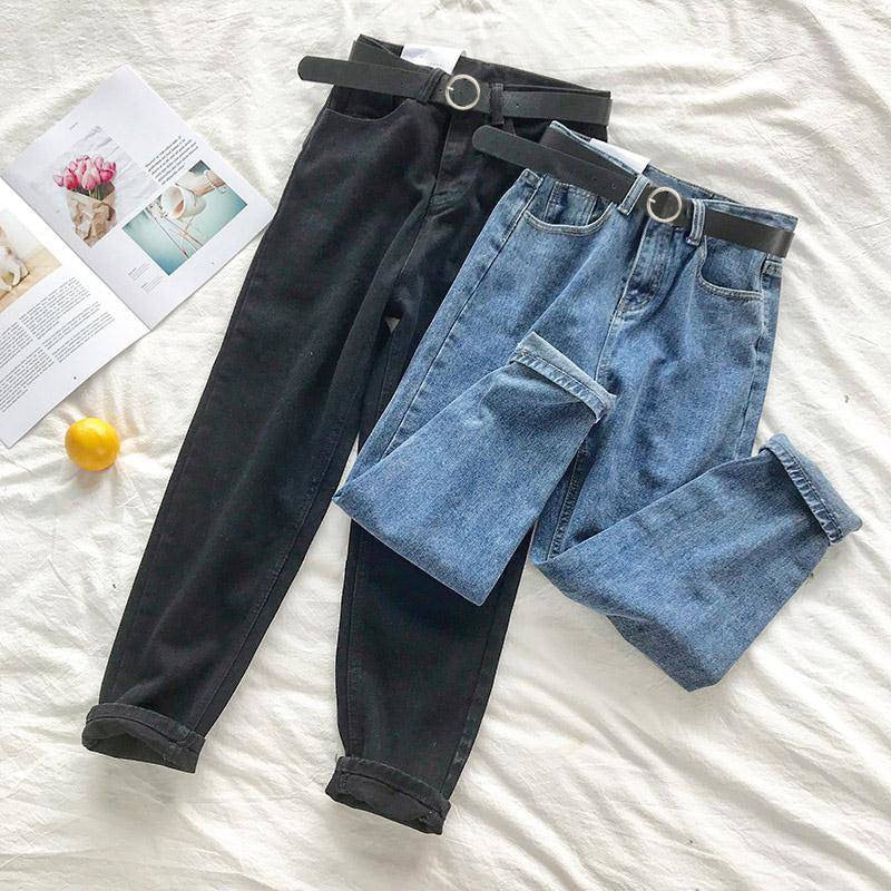 BF Korean High Jeans Women Solid Belt Harem Pants Loose Casual New High Street Denim Trousers  Femme