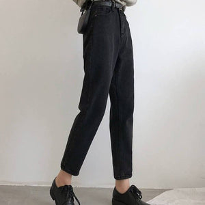 BF Korean High Jeans Women Solid Belt Harem Pants Loose Casual New High Street Denim Trousers  Femme