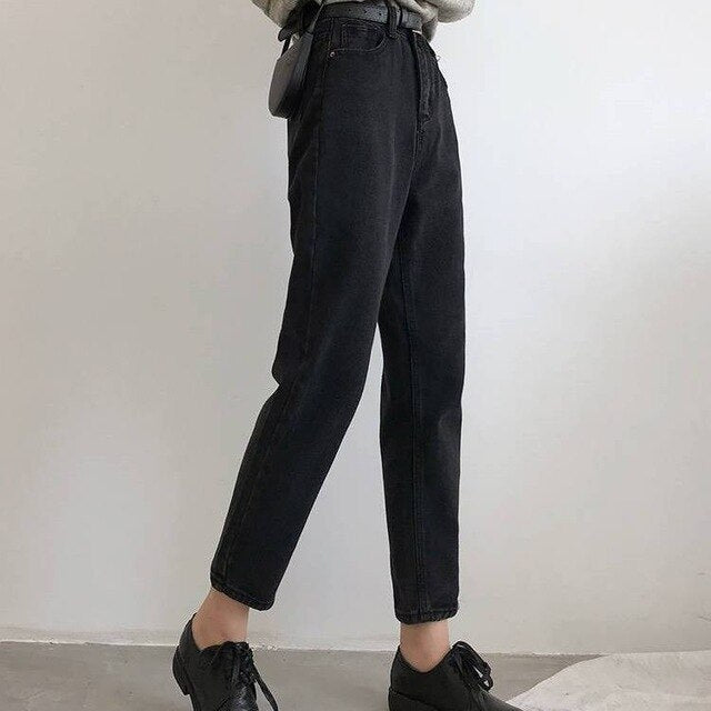 BF Korean High Jeans Women Solid Belt Harem Pants Loose Casual New High Street Denim Trousers  Femme
