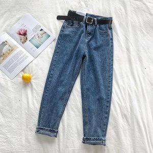 BF Korean High Jeans Women Solid Belt Harem Pants Loose Casual New High Street Denim Trousers  Femme